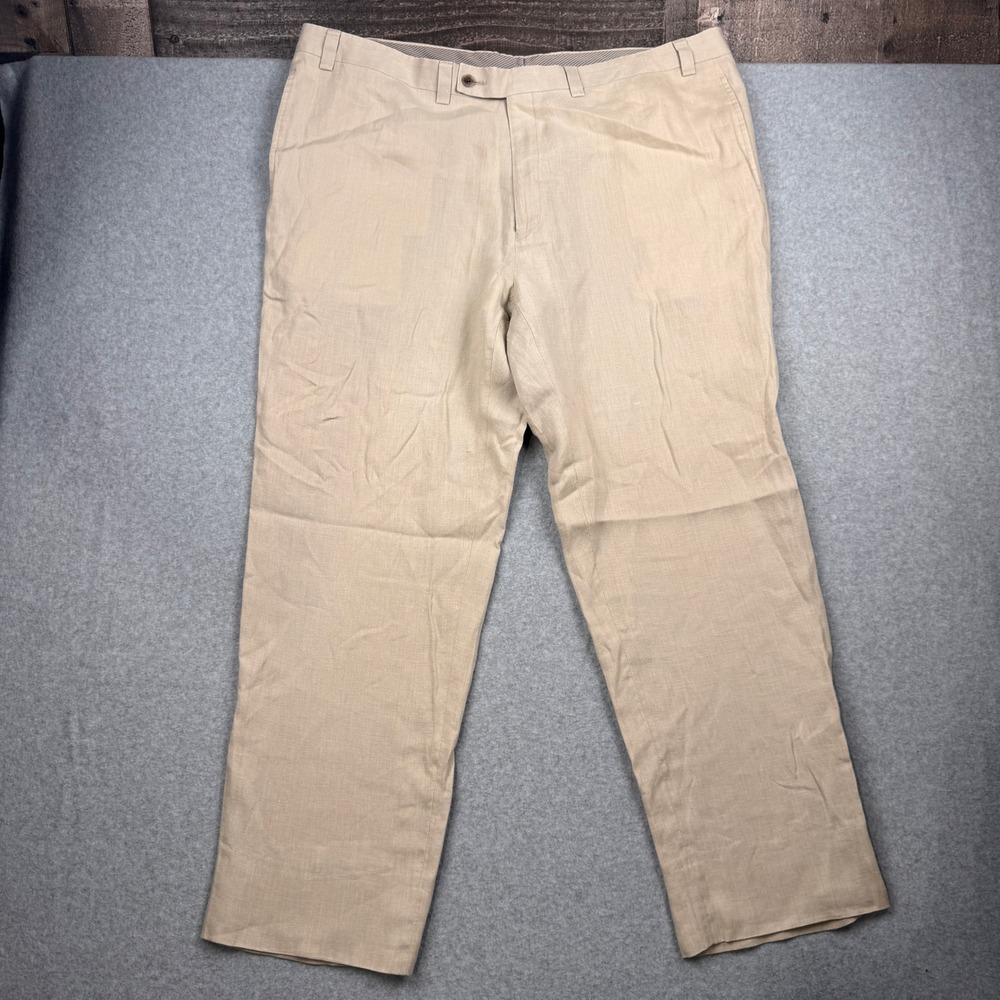 Calvin Klein Pants Mens 42x29 Beige Cream 100% Linen Flat Front Dress Trousers